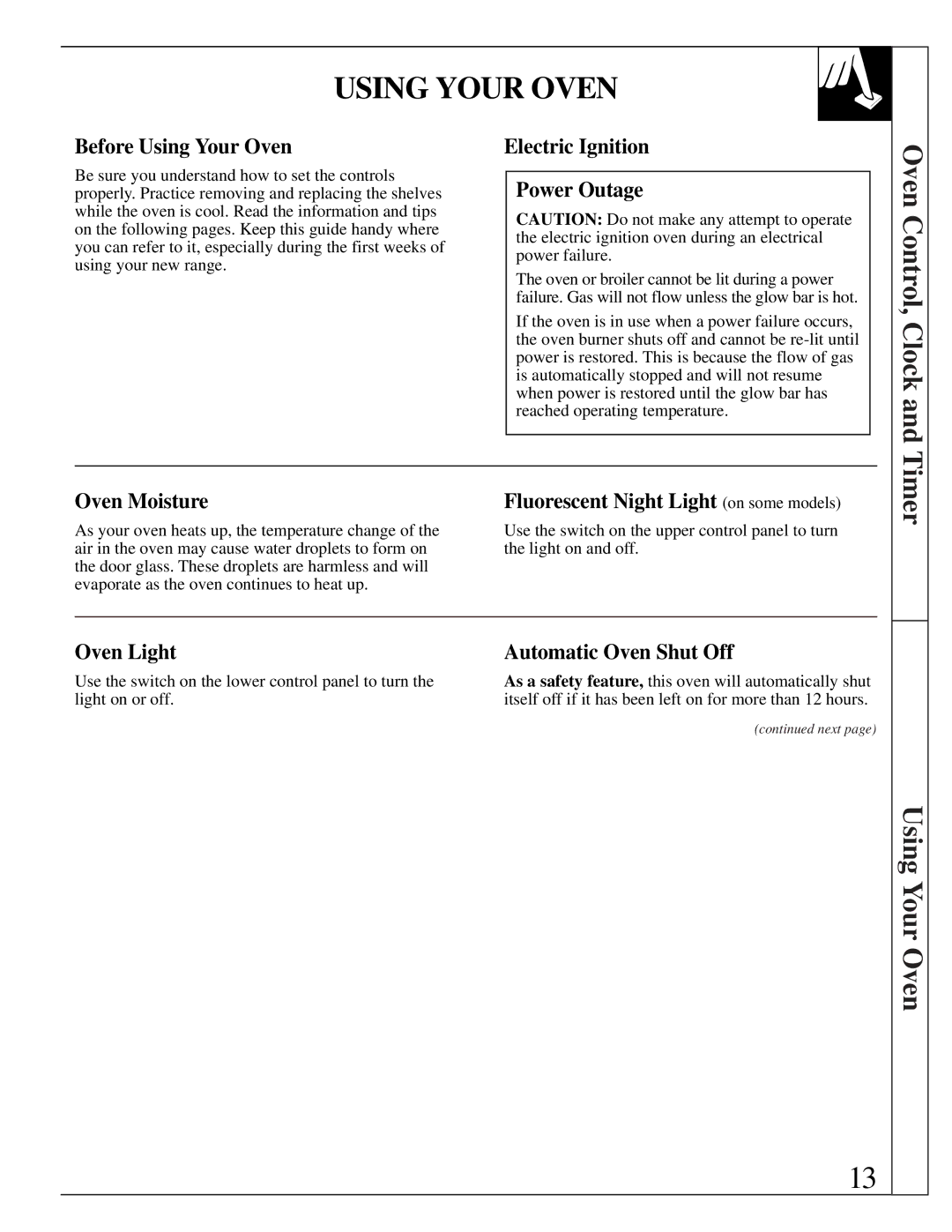 GE JGBP35GZX manual Before Using Your Oven, Electric Ignition Power Outage, Oven Light Automatic Oven Shut Off 