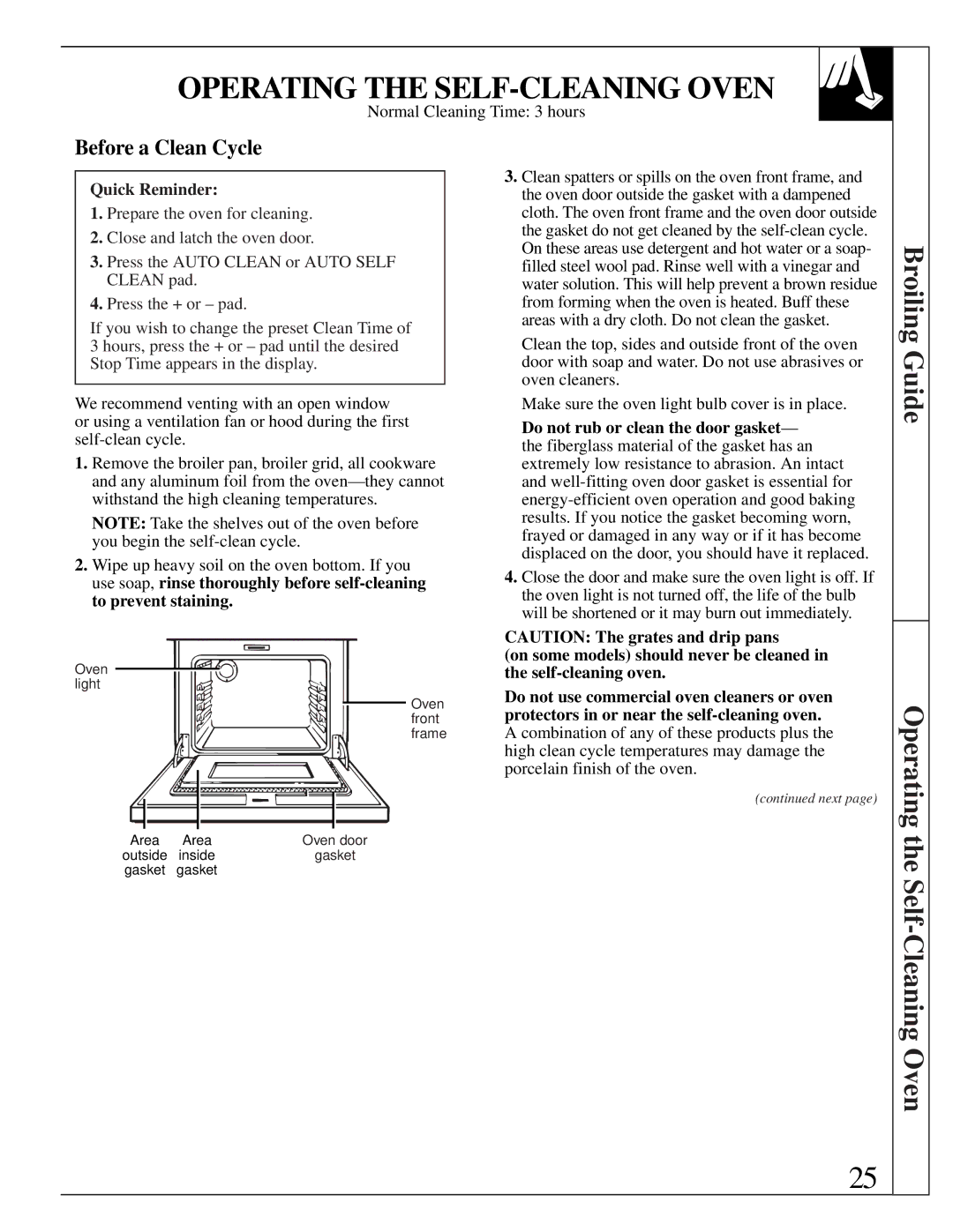 GE JGBP35GZX manual Operating the SELF-CLEANING Oven, Before a Clean Cycle, Normal Cleaning Time 3 hours 