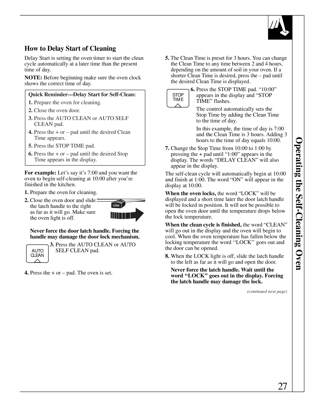 GE JGBP35GZX manual How to Delay Start of Cleaning, Quick Reminder-Delay Start for Self-Clean 