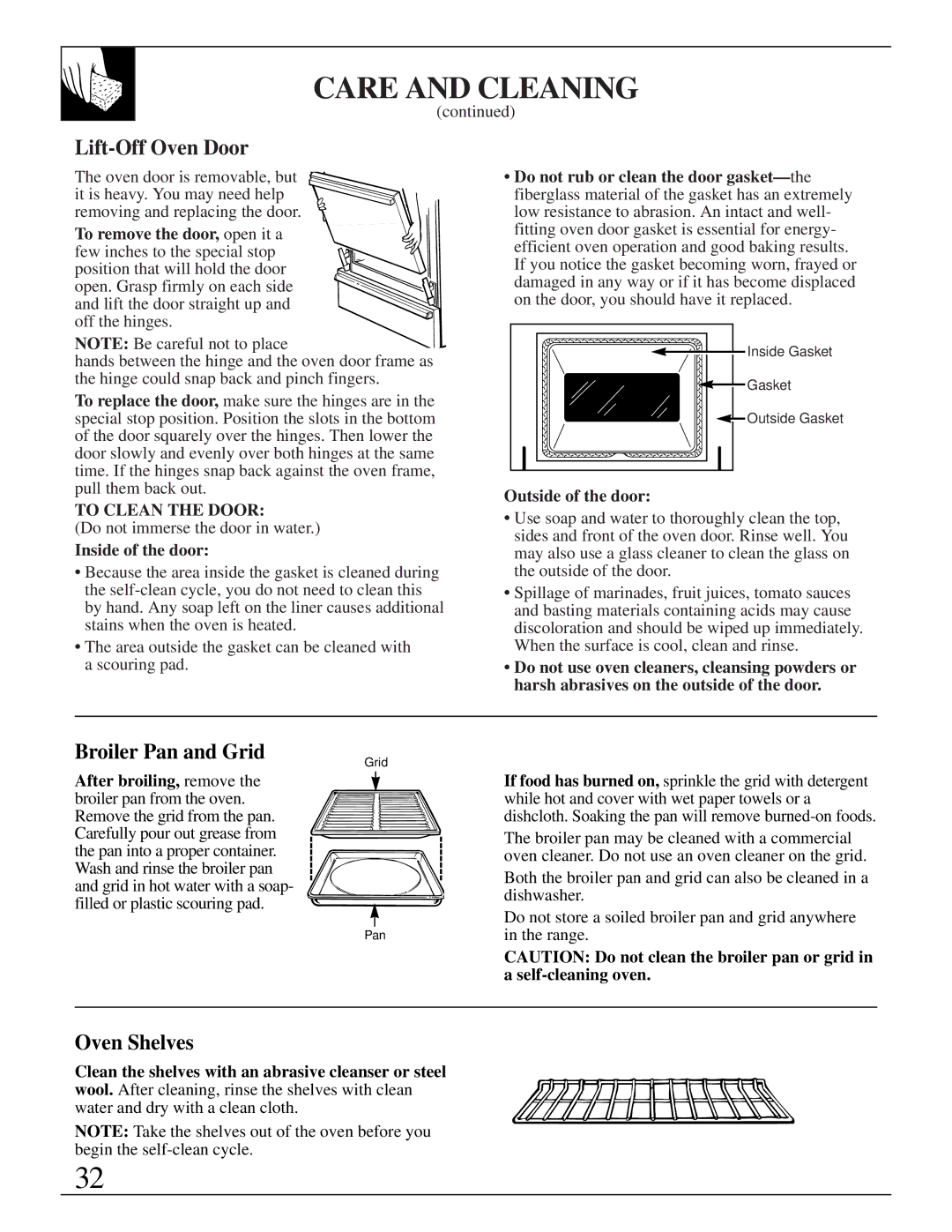 GE JGBP35GZX manual Lift-Off Oven Door, Broiler Pan and Grid, To remove the door, open it a, Inside of the door 