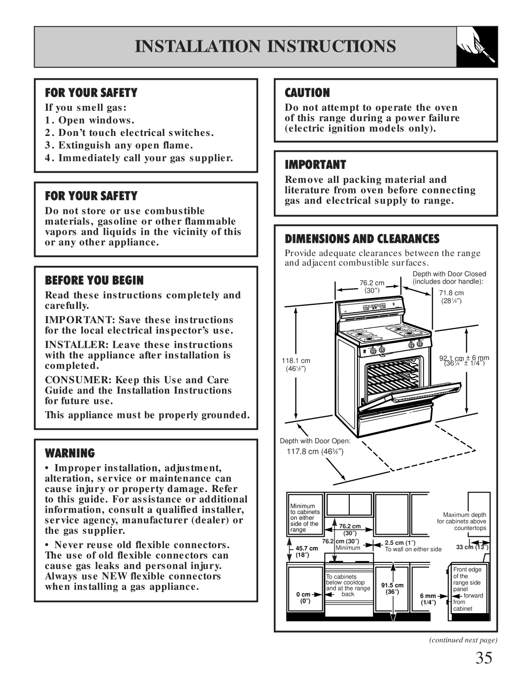 GE JGBP35GZX manual Installation Instructions, For Your Safety 