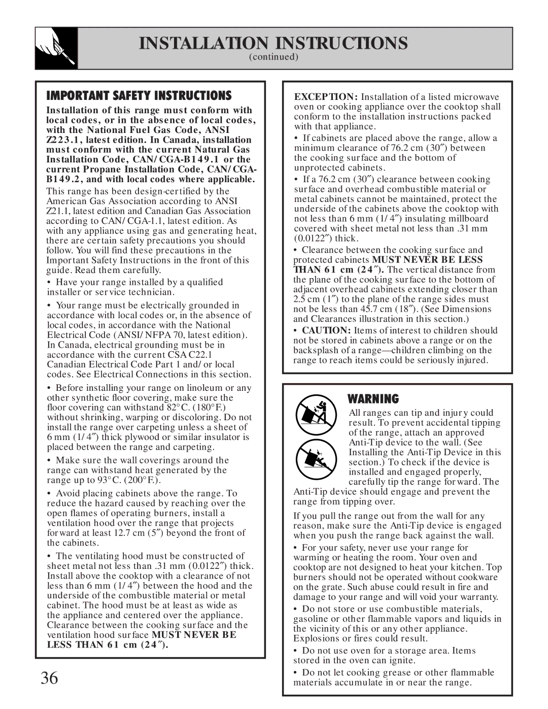 GE JGBP35GZX manual Important Safety Instructions 