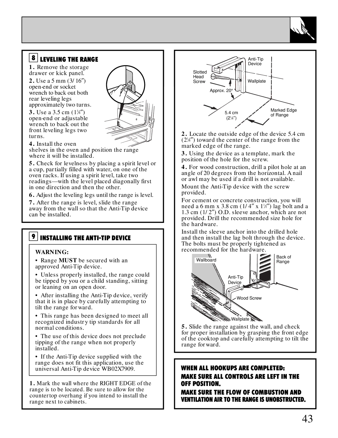 GE JGBP35GZX manual Leveling the Range 