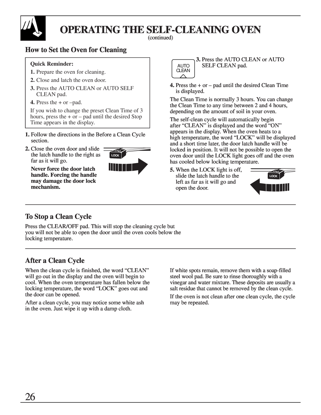GE JGBP35GZX manual How to Set the Oven for Cleaning, To Stop a Clean Cycle, After a Clean Cycle, Quick Reminder 