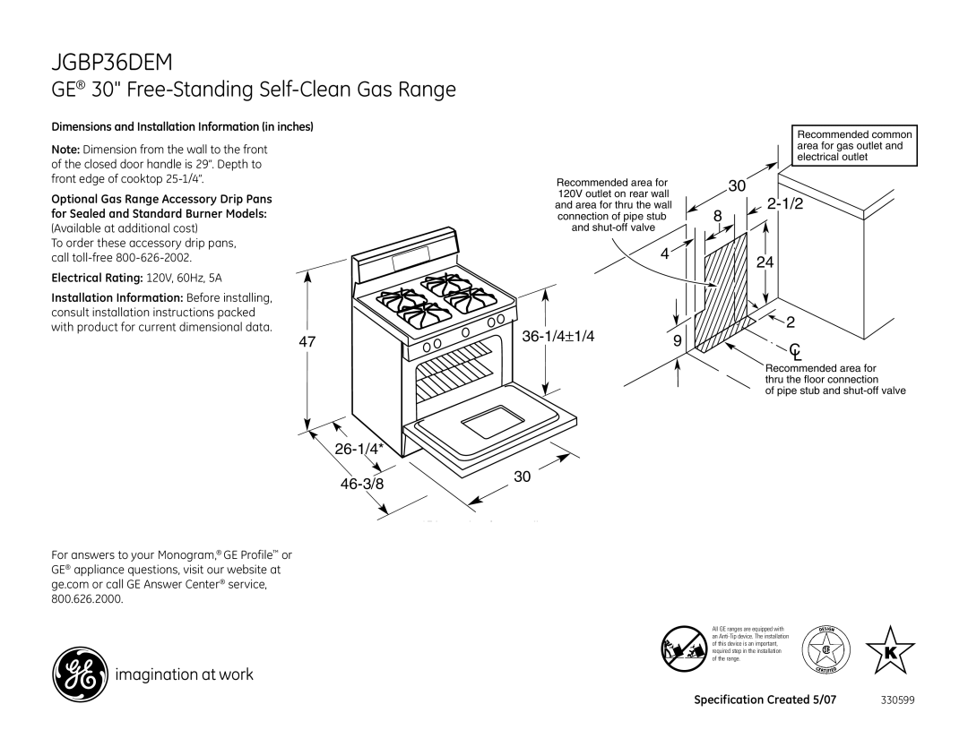 GE JGBP36DEMBB dimensions GE 30 Free-Standing Self-Clean Gas Range, 26-1/4 46-3/8, 36-1/4±1/49, Dimension from wall 