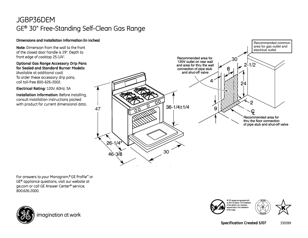 GE JGBP36DEMBB dimensions GE 30 Free-Standing Self-Clean Gas Range, 26-1/4 46-3/8, 36-1/4±1/49, 2-1/2, Dimension from wall 