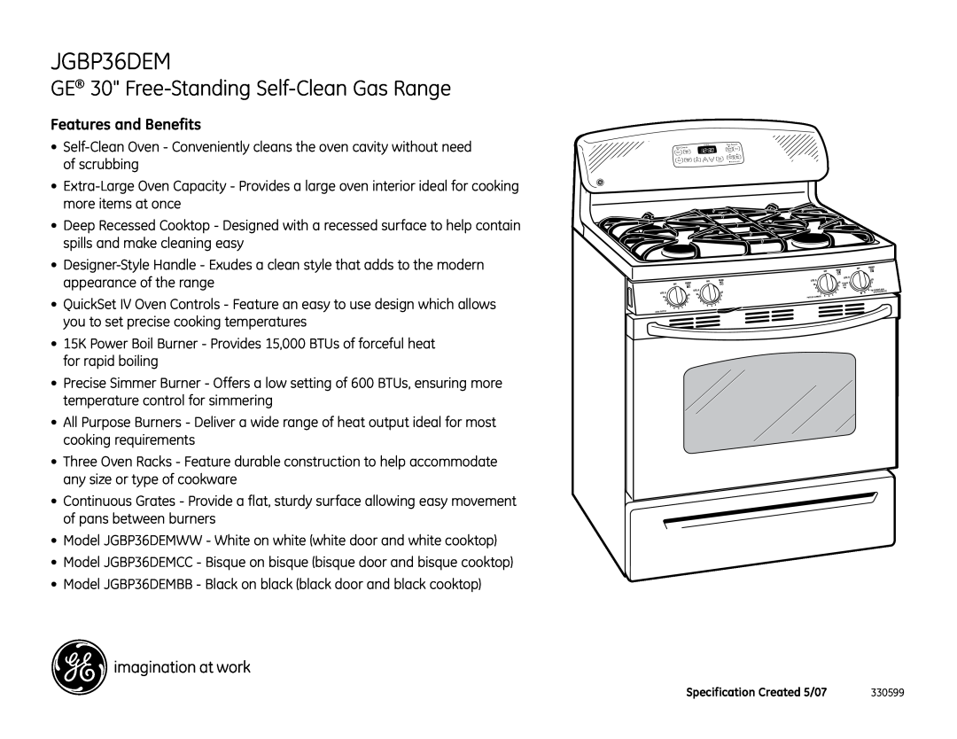 GE JGBP36DEMBB dimensions GE 30 Free-Standing Self-Clean Gas Range, Features and Benefits 