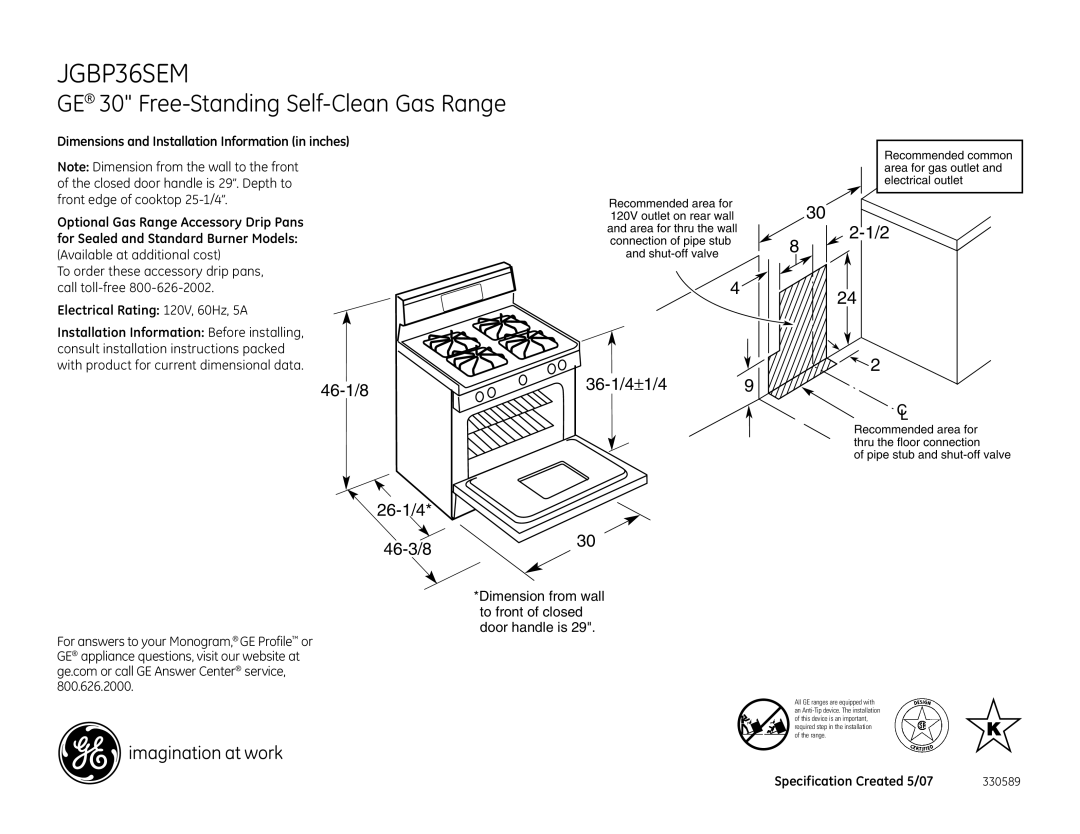 GE JGBP36SEMSS dimensions GE 30 Free-Standing Self-Clean Gas Range, 46-1/8 26-1/4 46-3/8 36-1/4±1/4 