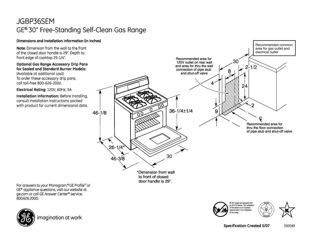 GE JGBP36SEMSS dimensions GE 30 Free-Standing Self-CleanGas Range, 2-1/2, 46-1/8 26-1/4 46-3/8, 4 36-1/4±1/49 