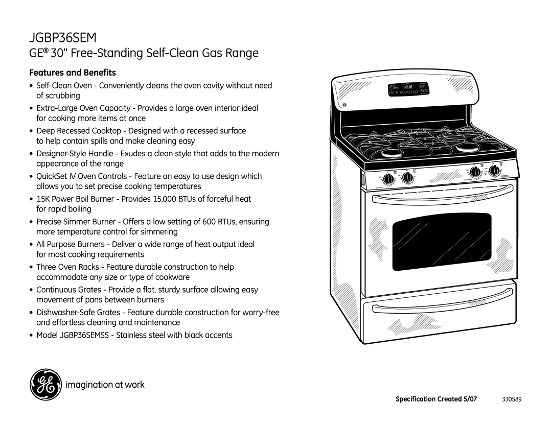 GE JGBP36SEMSS GE 30 Free-Standing Self-CleanGas Range, Features and Benefits, Oven Controls, Time Controls, Clock, Bake 