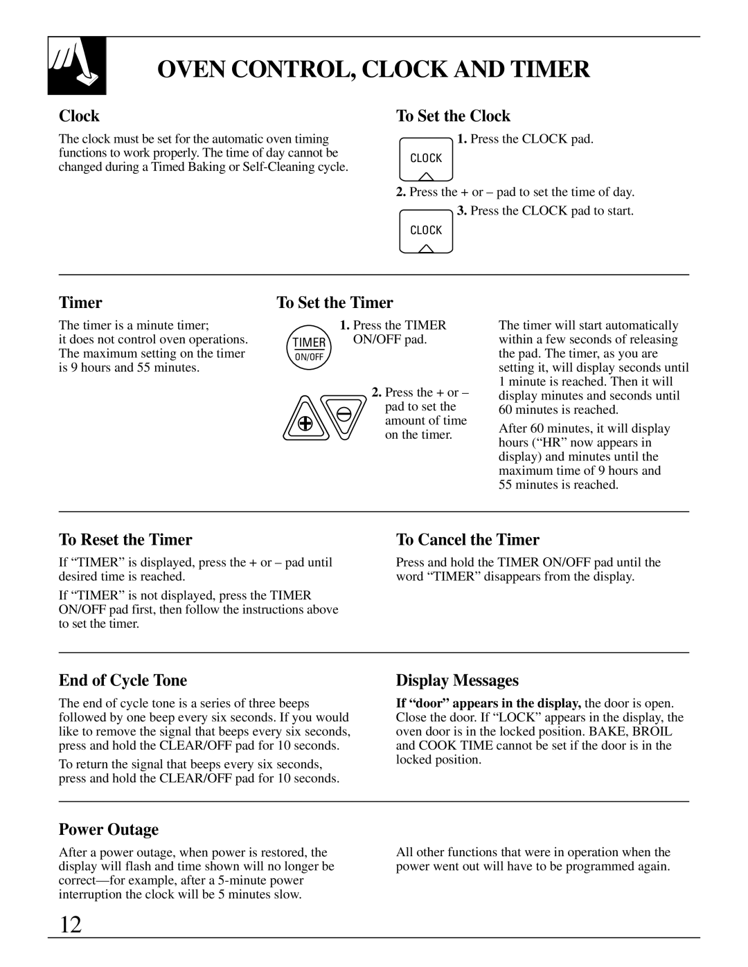 GE JGBP38 installation instructions Oven CONTROL, Clock and Timer 