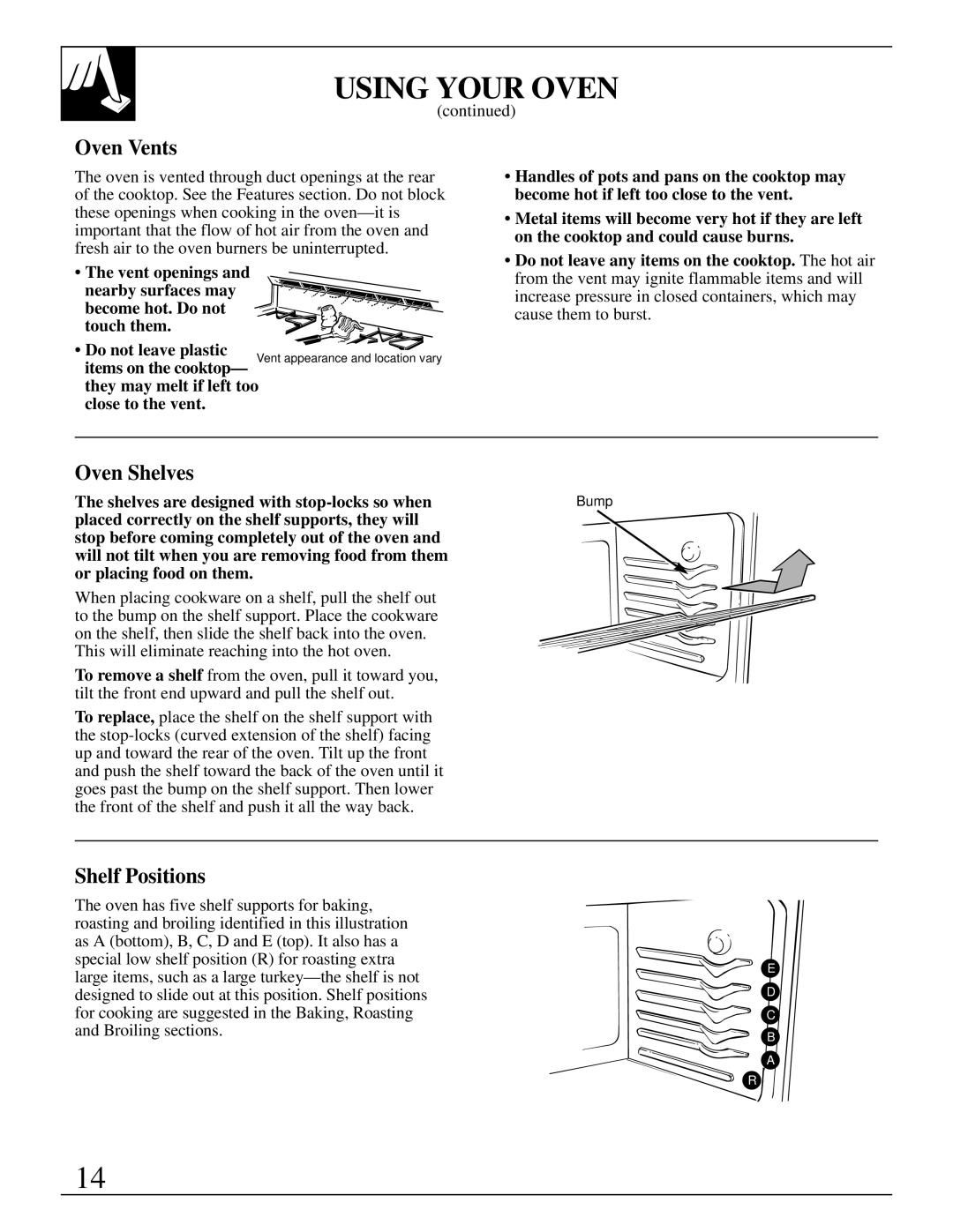 GE JGBP38 installation instructions Oven Vents, Oven Shelves, Shelf Positions, Shelves are designed with stop-locks so when 