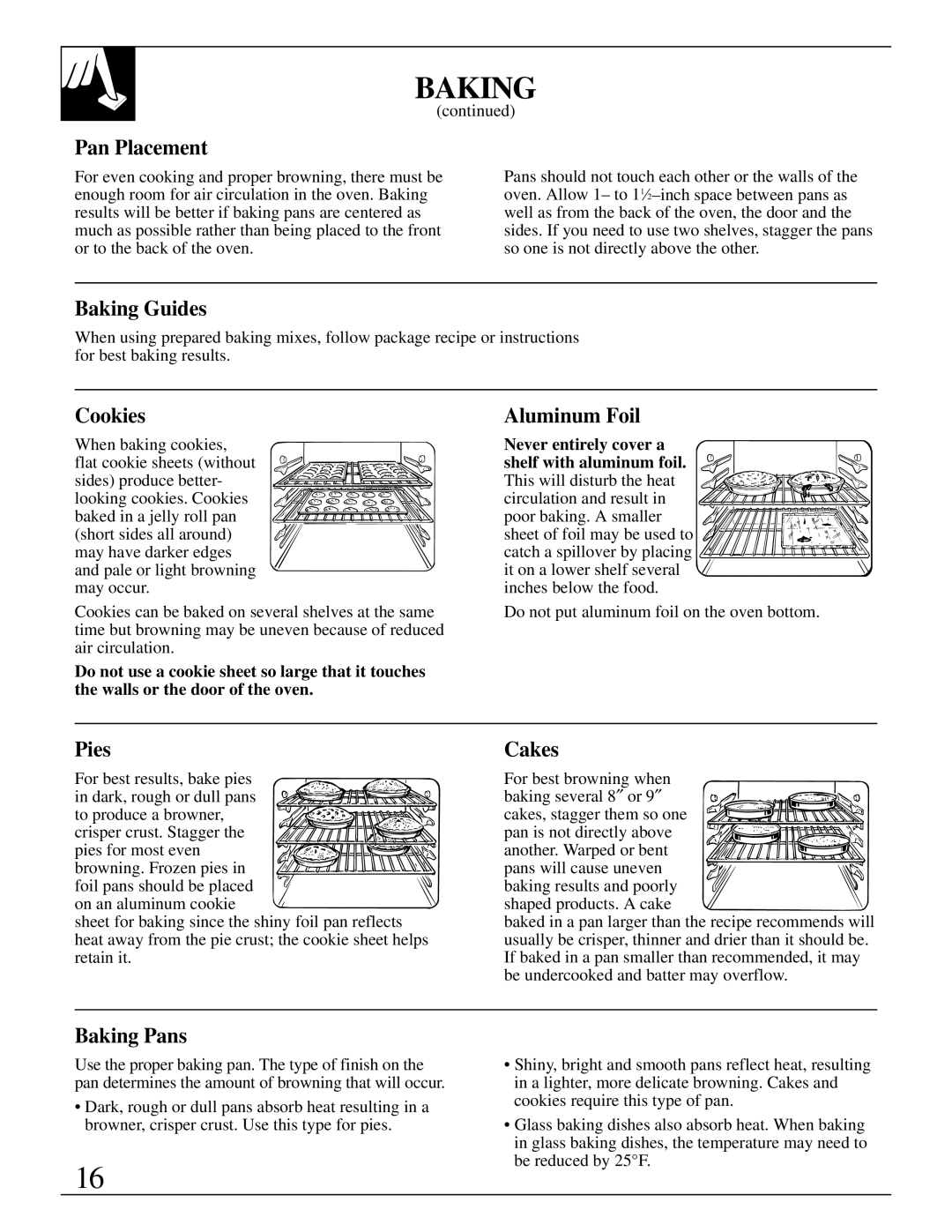 GE JGBP38 installation instructions Pan Placement, Baking Guides, Cookies, Aluminum Foil, Pies, Cakes, Baking Pans 