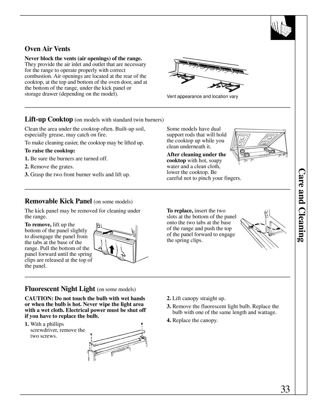 GE JGBP38 Oven Air Vents, Removable Kick Panel on some models, Fluorescent Night Light on some models 