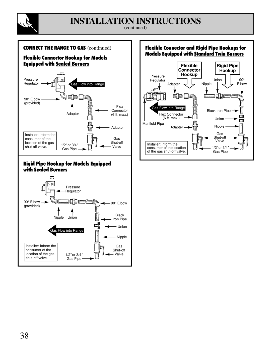 GE JGBP38 installation instructions Connect the Range to GAS, Rigid Pipe Hookup for Models Equipped with Sealed Burners 