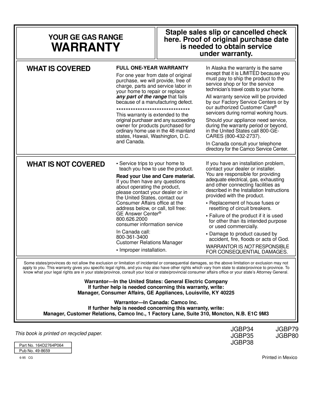 GE JGBP38 installation instructions Warranty 