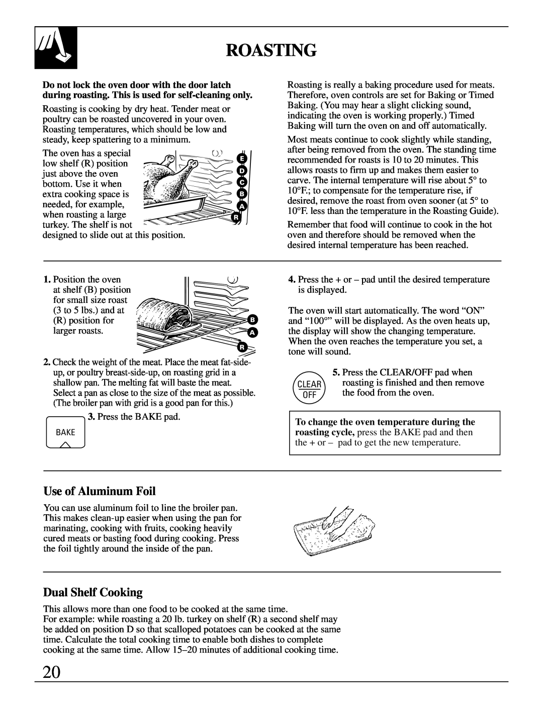 GE JGBP38 installation instructions Roasting, Use of Aluminum Foil, Dual Shelf Cooking 