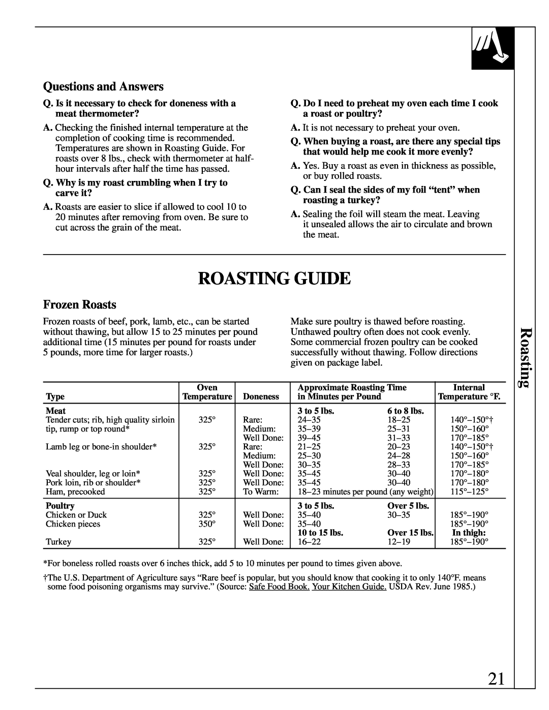 GE JGBP38 installation instructions Roasting Guide, Questions and Answers, Frozen Roasts 