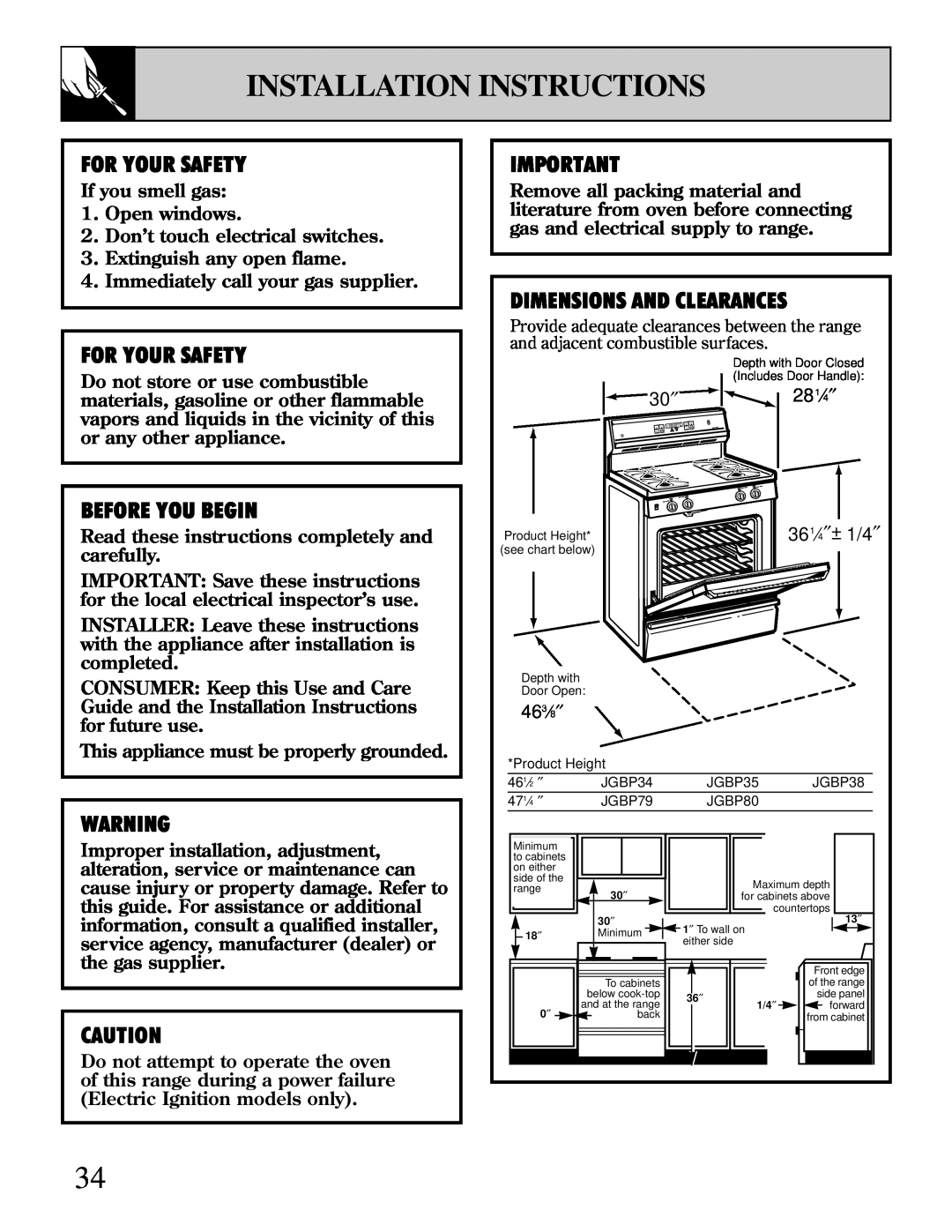 GE JGBP38 installation instructions Installation Instructions, For Your Safety, Dimensions And Clearances, Before You Begin 