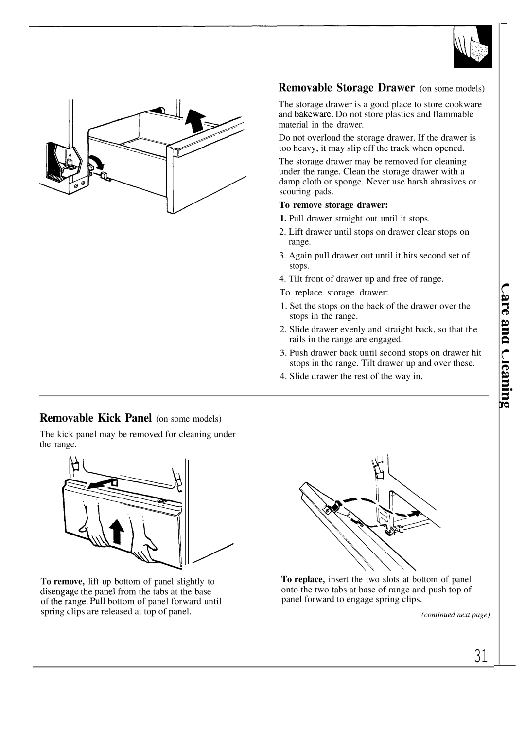 GE JGBP31GEP manual Removable Storage Drawer on some models, Removable Kick Panel on some models, To remove storage drawer 