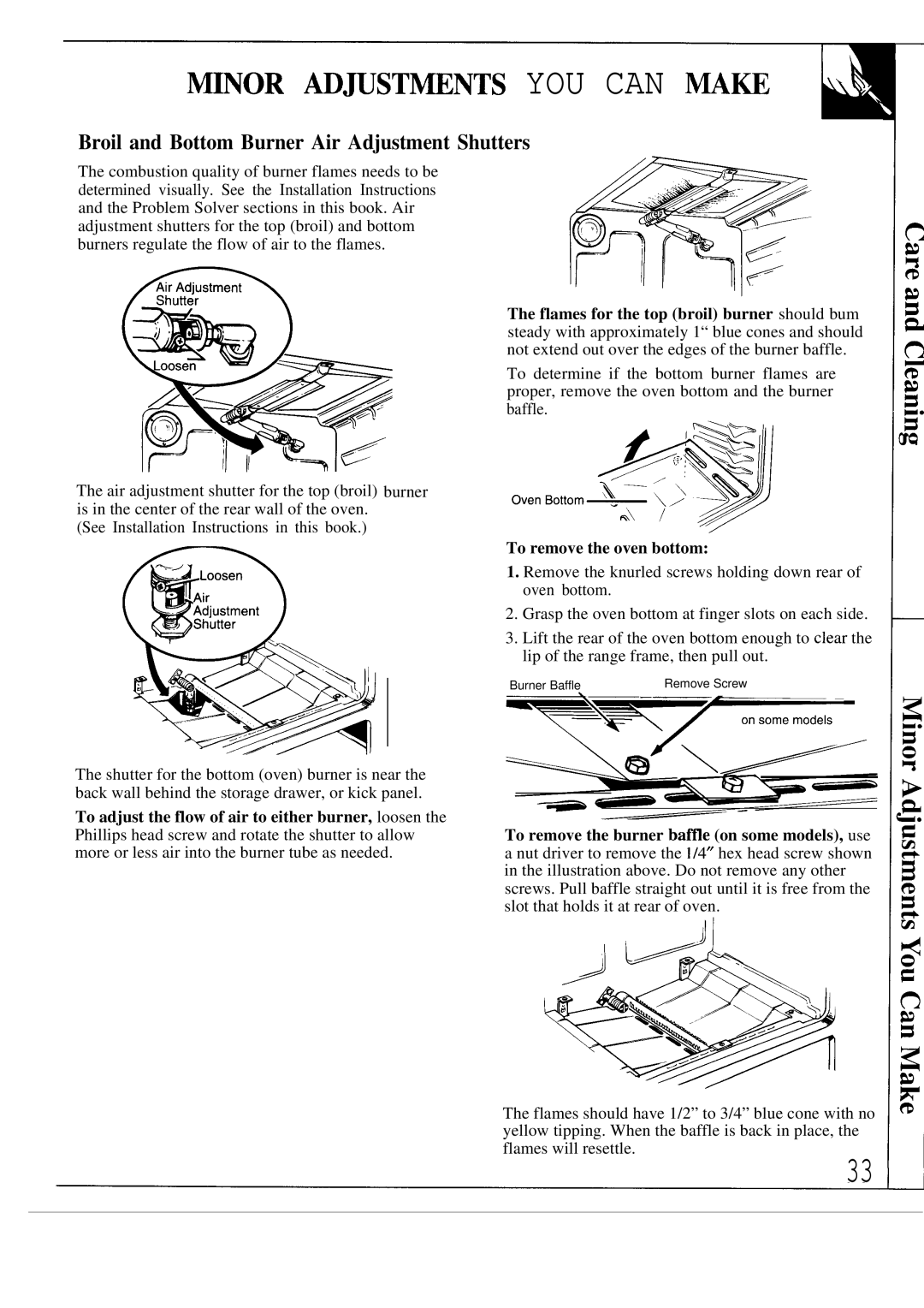 GE JGBP35GEP manual ~NOR ADmSTmNTS YOU can ~m, Broil and Bottom Burner Air Adjustment Shutters, To remove the oven bottom 