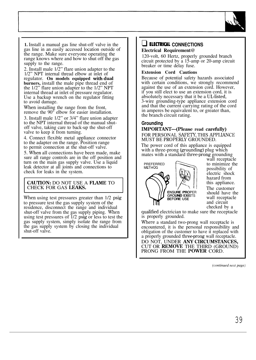 GE JGBP31GEP, JGBP38GES, JGBP35GEP ELECTRl~L Connections, Grounding, Extension Cord Cautions, IMPORT~-Please read careti~y 