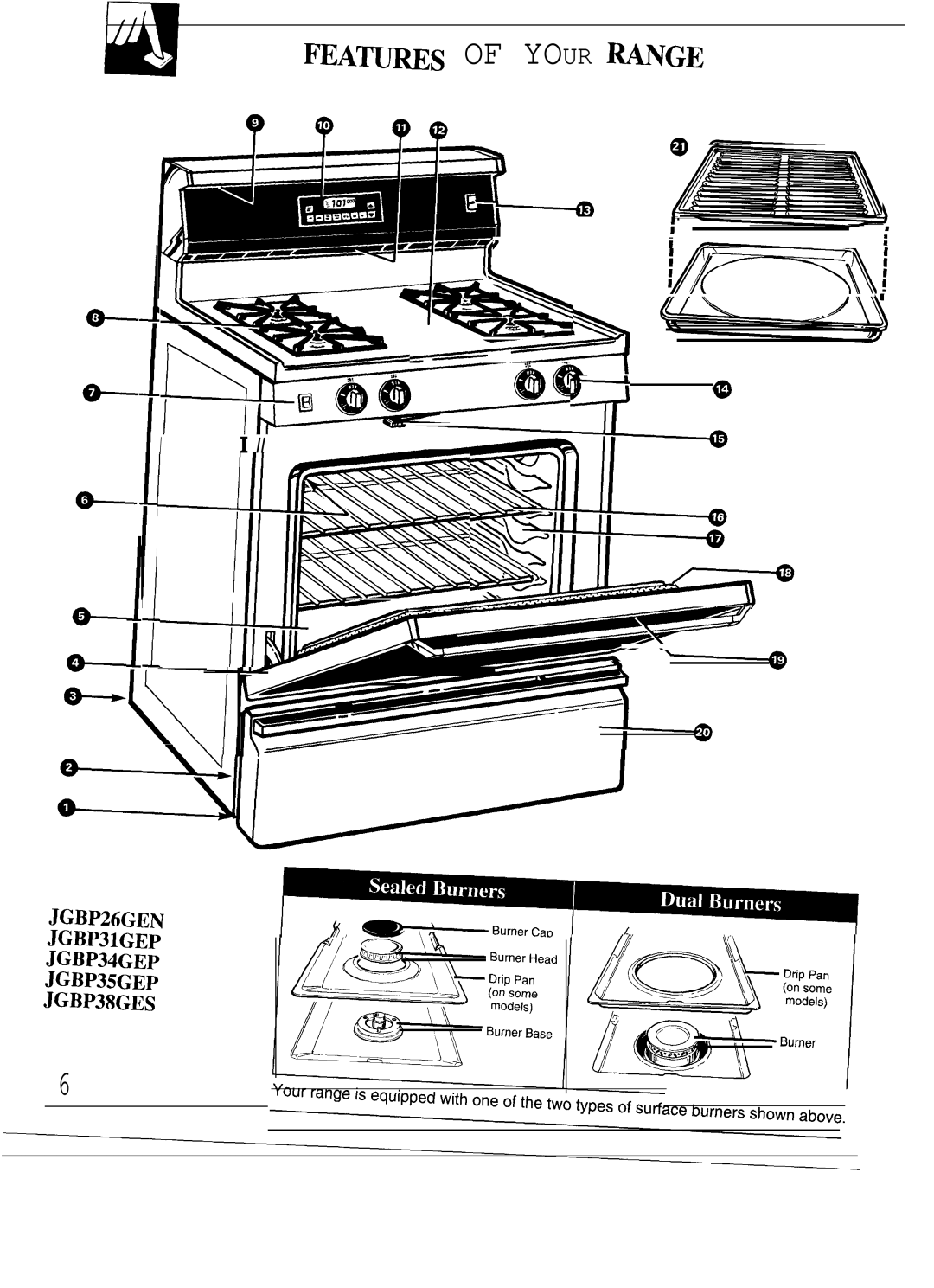 GE JGBP38GES manual FEATu~s of Your Mnge, JGBP26GEN JGBP31GEP JGBP34GEP JGBP35GEP 