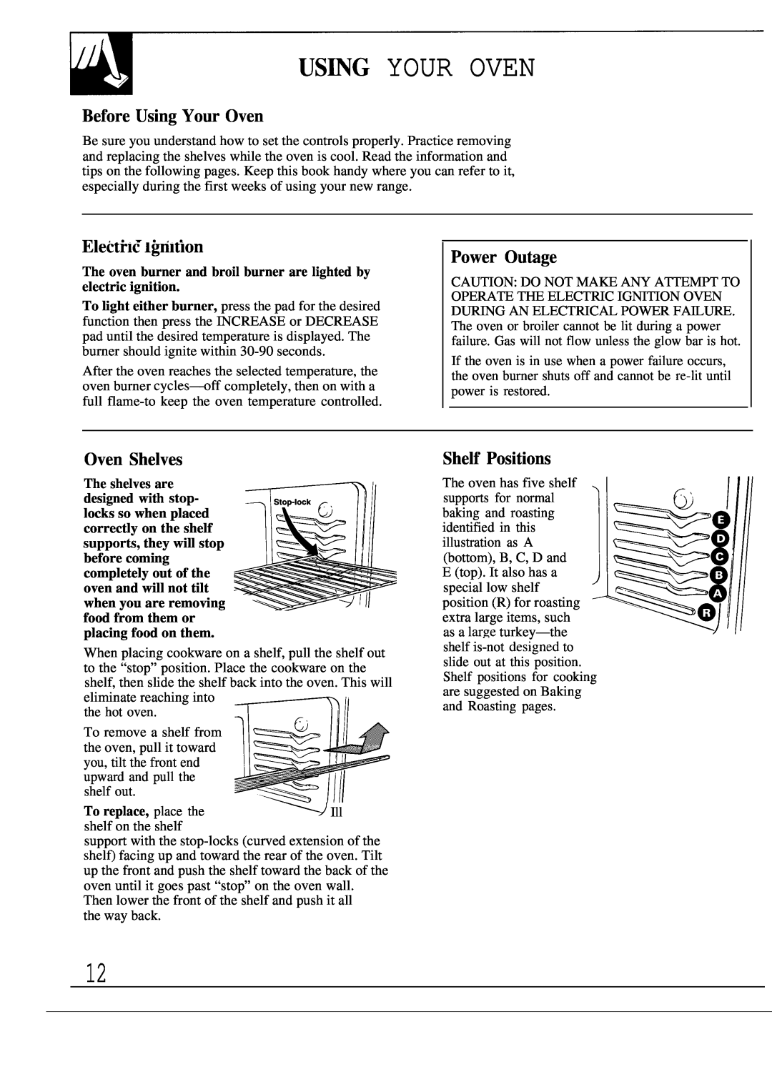 GE JGBP38GES manual USmG YOUR OVEN, Before Using Your Oven, Wlectrlc lgnltlon, Power Outage, Oven Shelves, Shelf Positions 