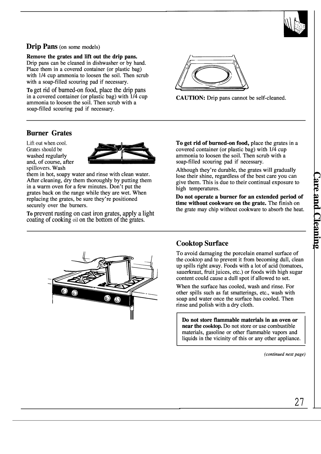 GE JGBP31GEP, JGBP38GES, JGBP35GEP manual Burner Grates, Cooktop Sutiace, To get rid of burned-on food, place the drip pans 