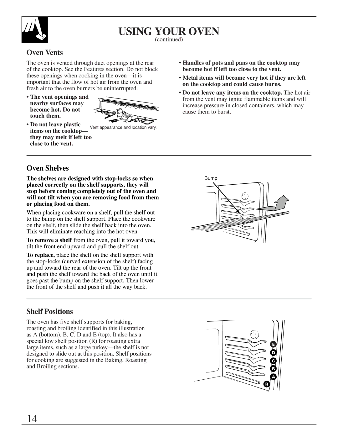 GE JGBP75 manual Oven Vents, Oven Shelves, Shelf Positions, Shelves are designed with stop-locks so when 