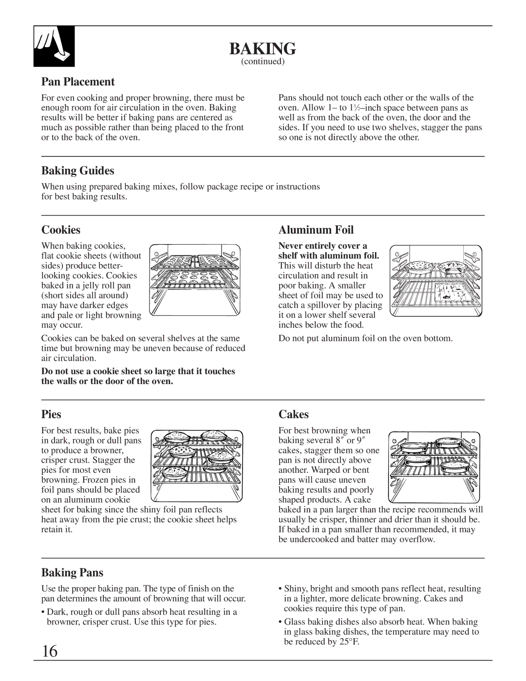 GE JGBP75 manual Pan Placement, Baking Guides, Cookies, Aluminum Foil, Pies, Cakes, Baking Pans 