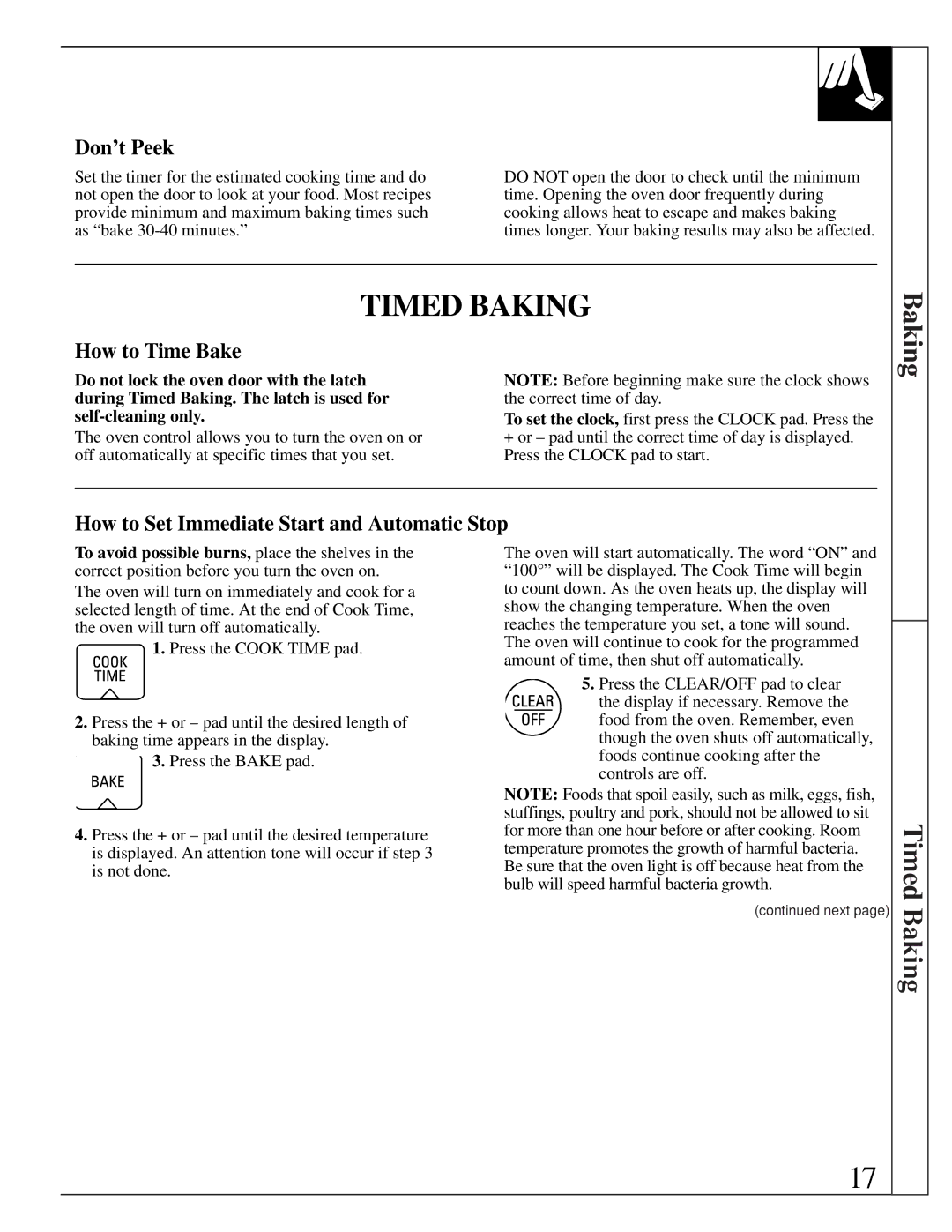 GE JGBP75 manual Timed Baking, Don’t Peek, How to Time Bake, How to Set Immediate Start and Automatic Stop 