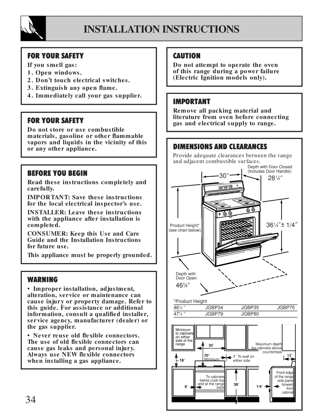 GE JGBP75 manual Installation Instructions, For Your Safety 