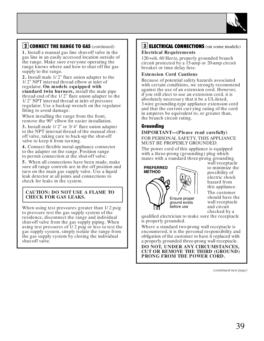 GE JGBP75 manual Electrical Requirements, Extension Cord Cautions, IMPORTANT-Please read carefully 