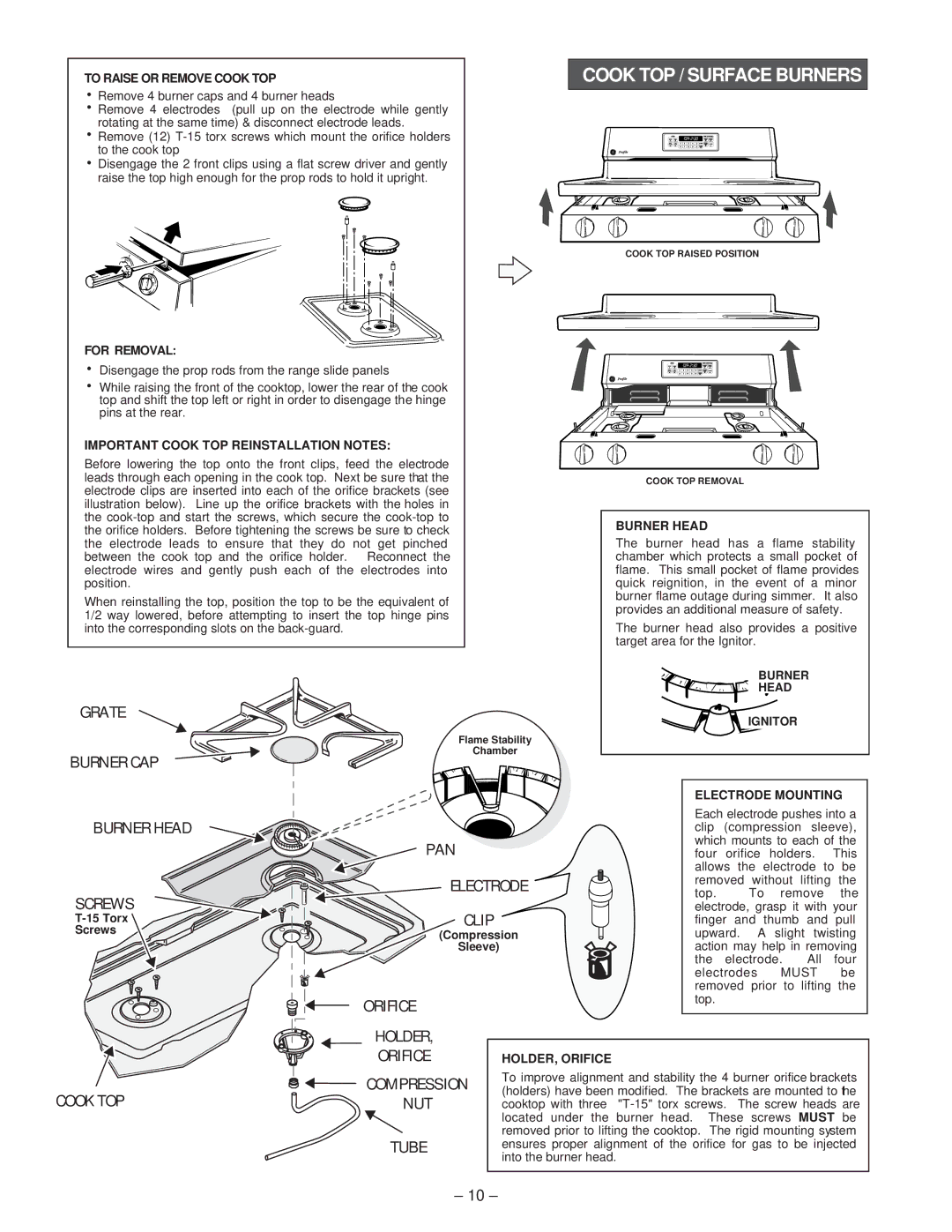 GE JGBP26 A, JGBP85 A, JGBP79 A, JGBP90 A, JGBP86 A, JGBP35 A, JGBP30 A Cook TOP / Surface Burners, To Raise or Remove Cook TOP 