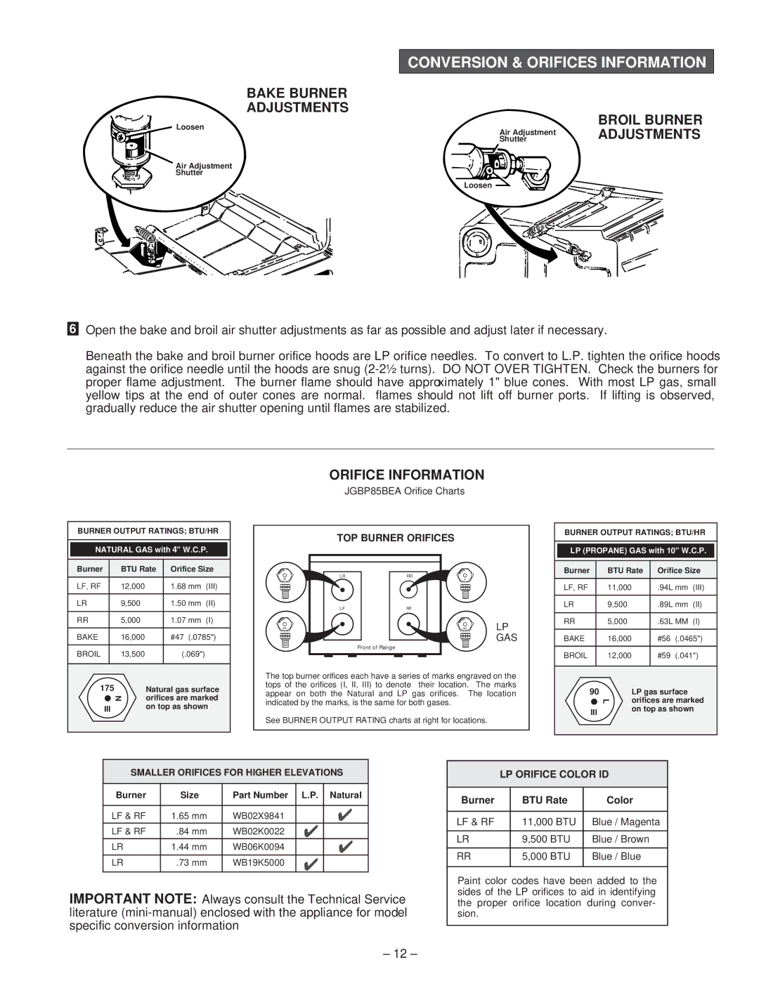 GE JGBP85 A Conversion & Orifices Information, Bake Burner Adjustments, Broil Burner Adjustments, Orifice Information 