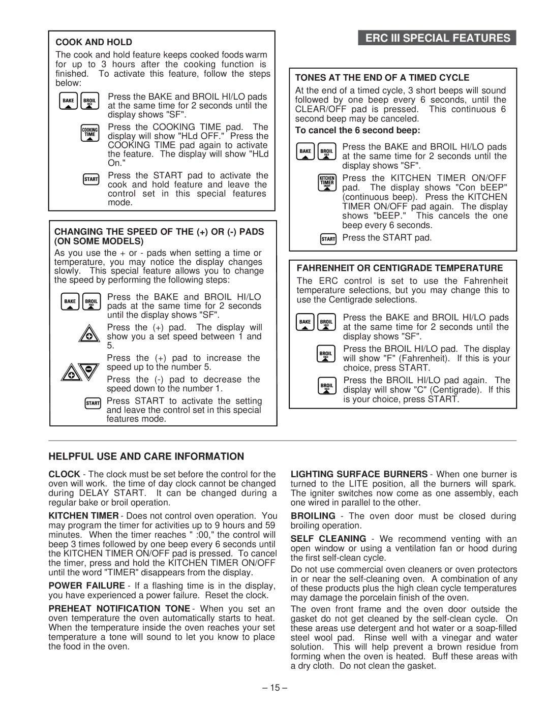 GE JGBP86 A, JGBP85 A Helpful USE and Care Information, Cook and Hold, Changing the Speed of the + or Pads on Some Models 