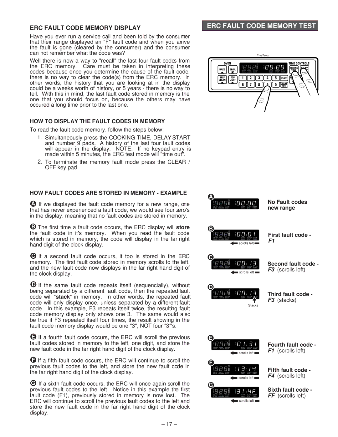 GE JGBP26 A, JGBP85 A ERC Fault Code Memory Test, ERC Fault Code Memory Display, HOW to Display the Fault Codes in Memory 