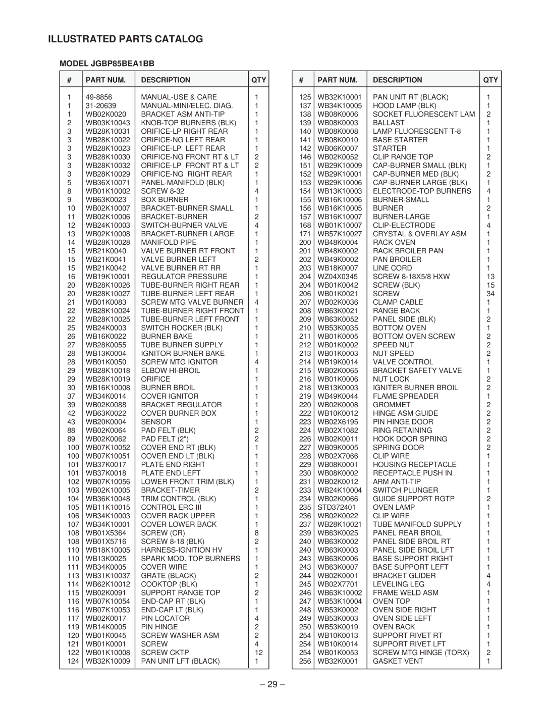 GE JGBP86 A, JGBP85 A, JGBP79 A, JGBP90 A, JGBP35 A, JGBP26 A, JGBP30 A manual Illustrated Parts Catalog, Model JGBP85BEA1BB 