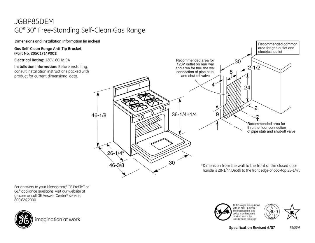 GE JGBP85DEMBB dimensions GE 30 Free-Standing Self-Clean Gas Range, 46-1/8 26-1/4, 36-1/4±1/4, 46-3/8 