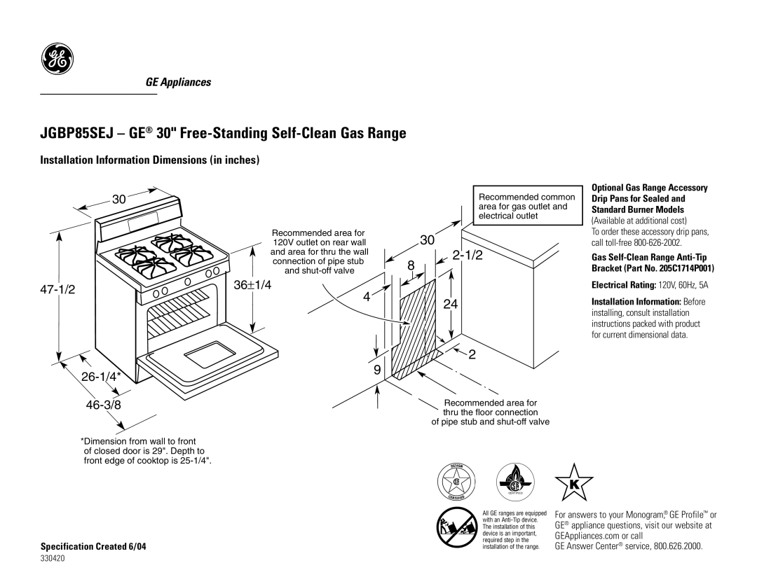 GE dimensions JGBP85SEJ GE 30 Free-Standing Self-Clean Gas Range, 47-1/2 36±1/4 26-1/4 46-3/8 