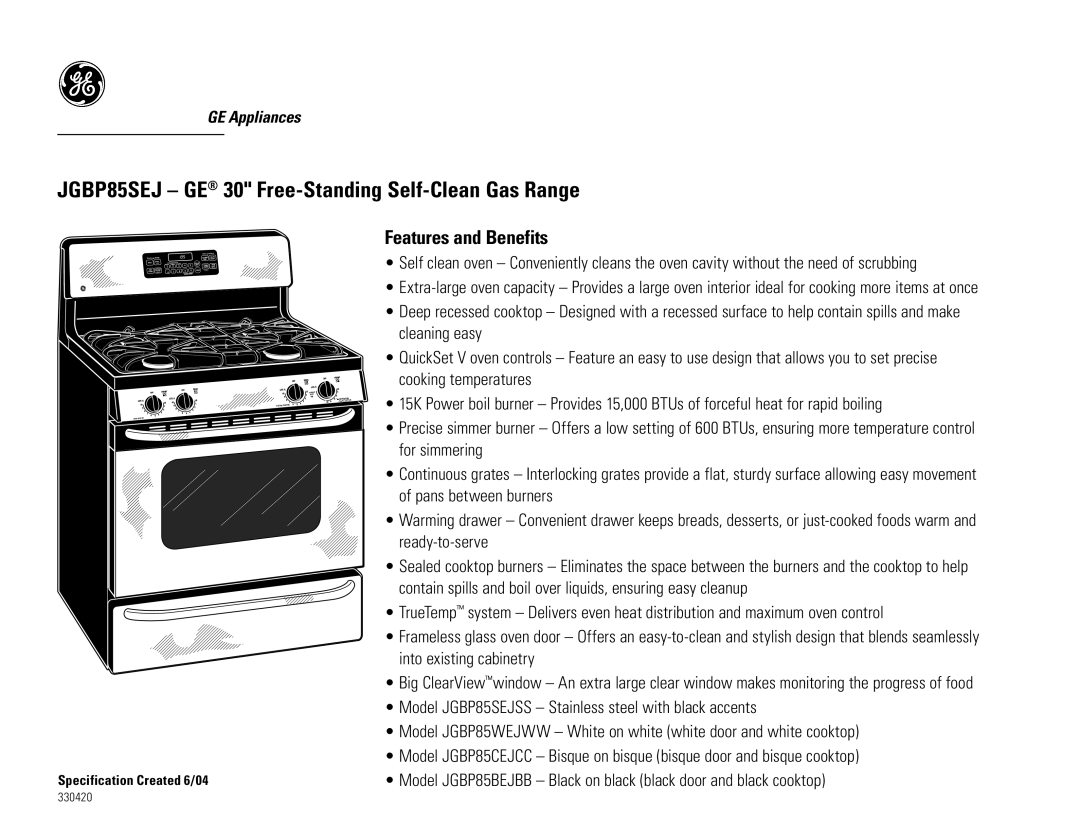 GE JGBP85SEJ dimensions Features and Benefits 