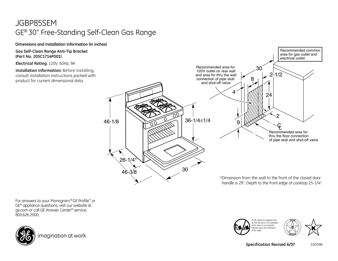 GE JGBP85SEMSS installation instructions JGBP85SEM, GE 30 Free-Standing Self-Clean Gas Range, 46-1/8 26-1/4 46-3/8 