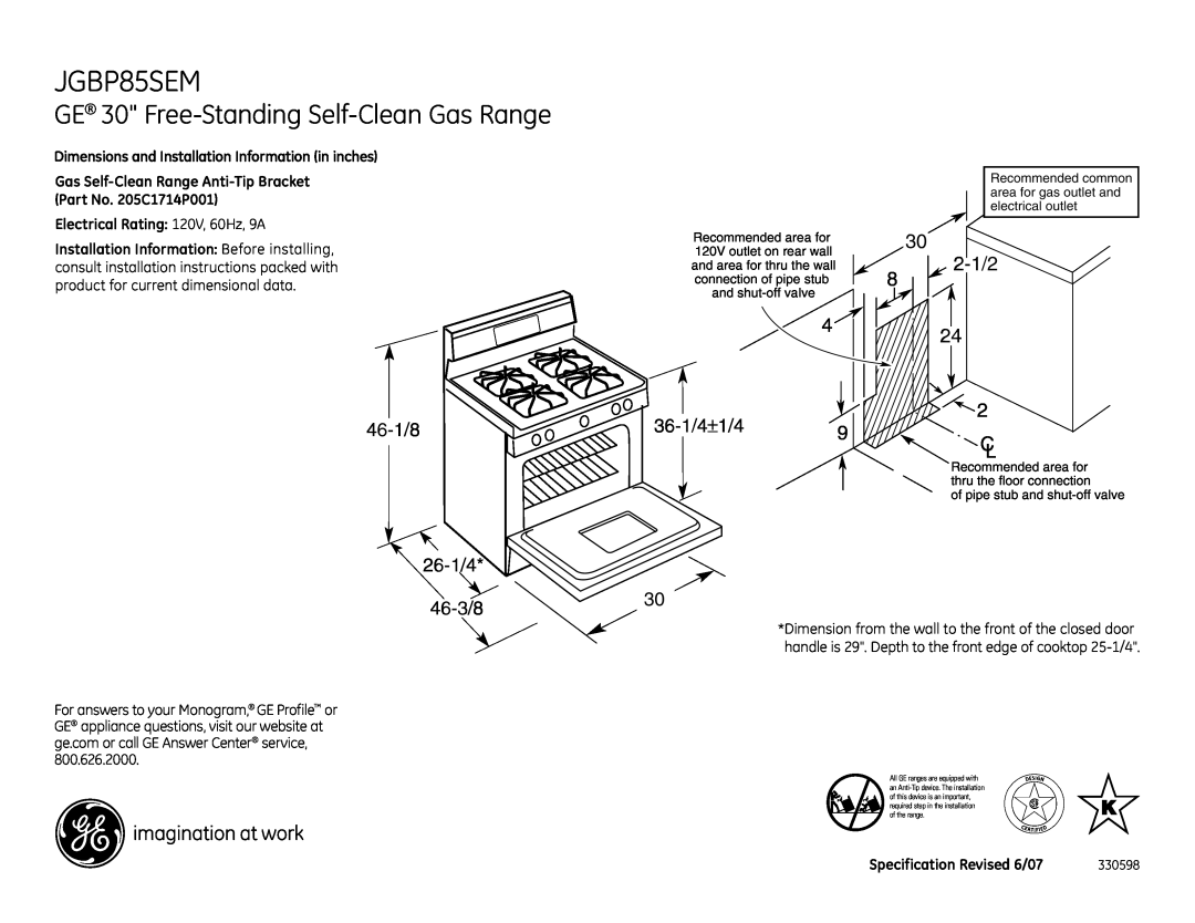 GE JGBP85SEMSS installation instructions JGBP85SEM, GE 30 Free-Standing Self-Clean Gas Range, Dimension from wall 