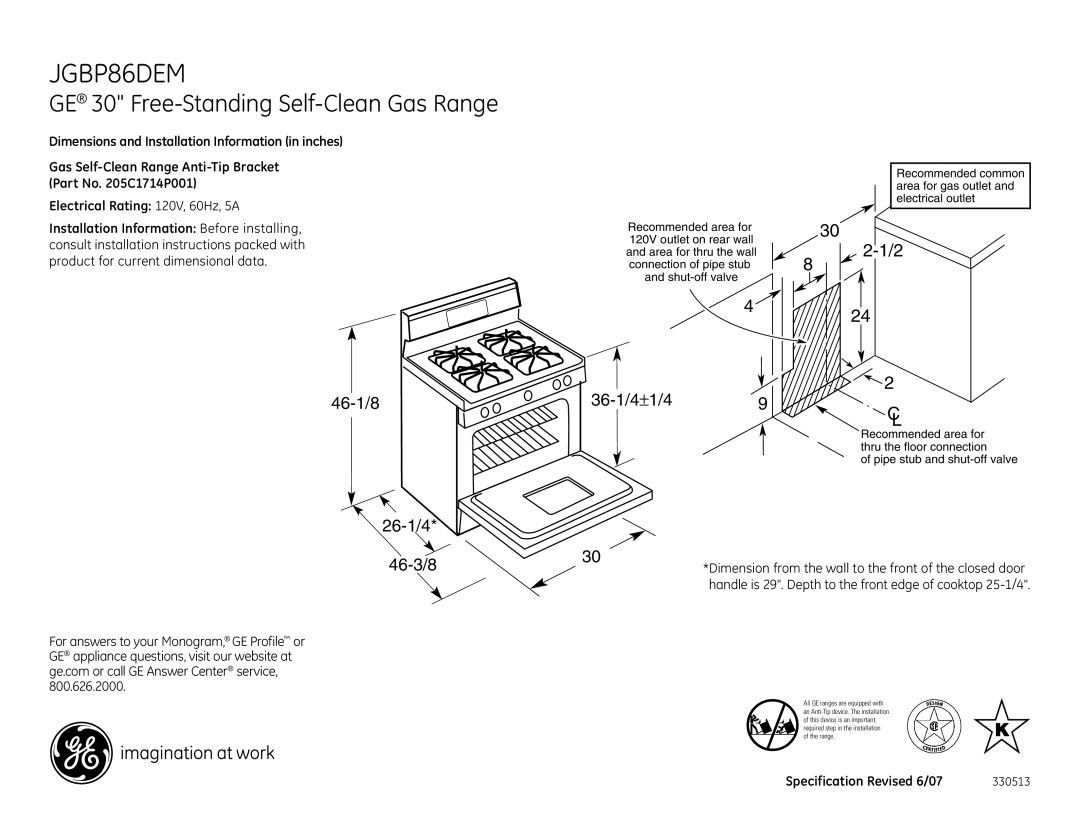 GE installation instructions JGBP86DEM, GE 30 Free-Standing Self-Clean Gas Range, 46-1/8 26-1/4, 36-1/4±1/49, 46-3/8 