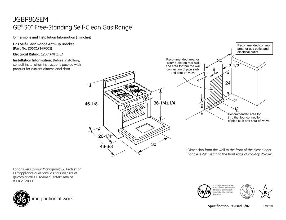 GE JGBP86SEM dimensions GE 30 Free-Standing Self-Clean Gas Range, 46-1/8 26-1/4 46-3/8, 36-1/4±1/49, Dimension from wall 