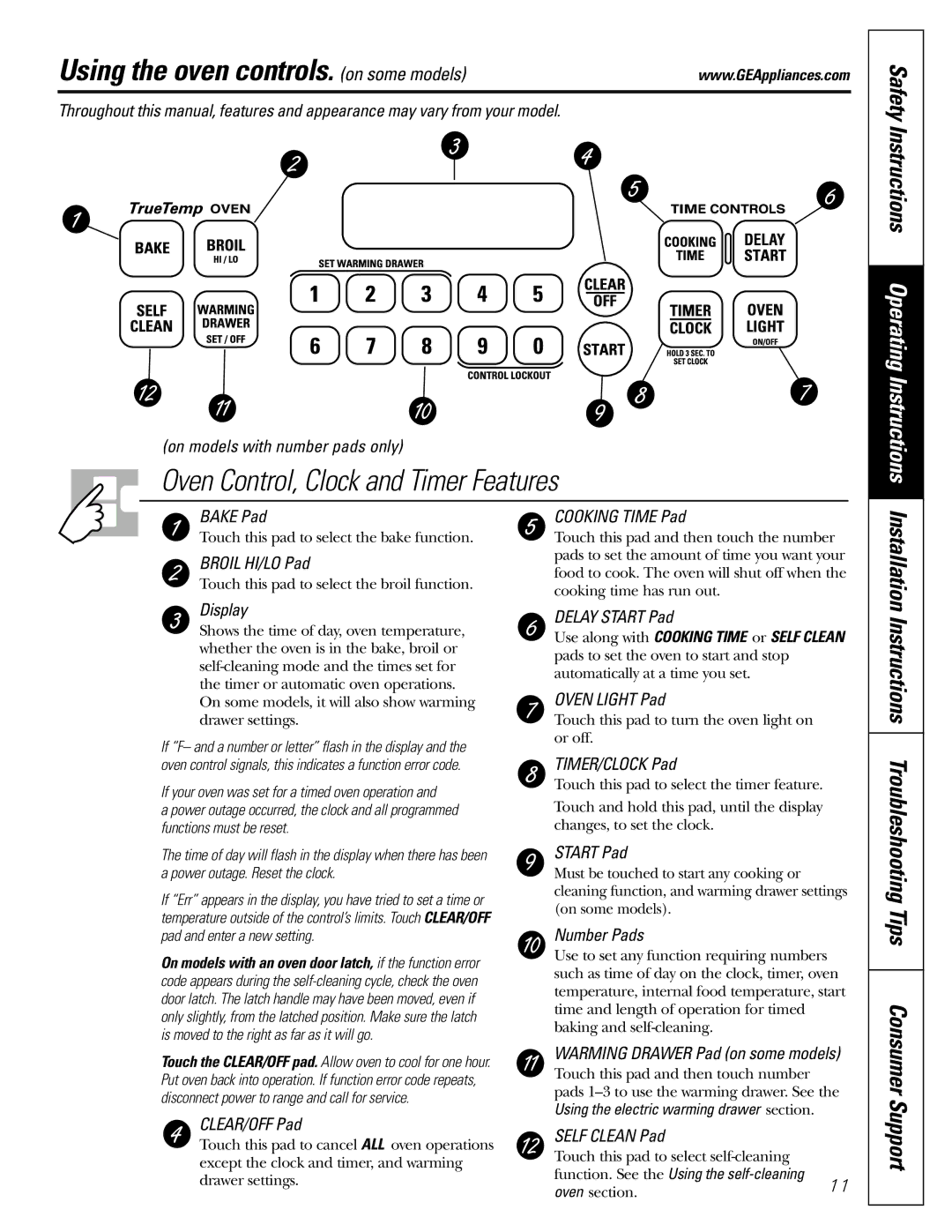 GE JGB918, JGBP88 manual Using the oven controls. on some models, Instructions Troubleshooting Tips Consumer Support 