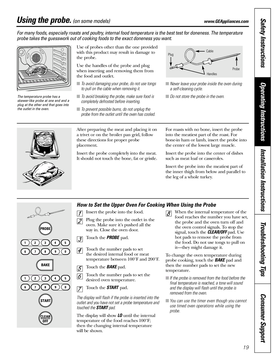 GE JGB918, JGBP88 manual Using the probe. on some models, Troubleshooting Tips Consumer Support, Installation Instructions 