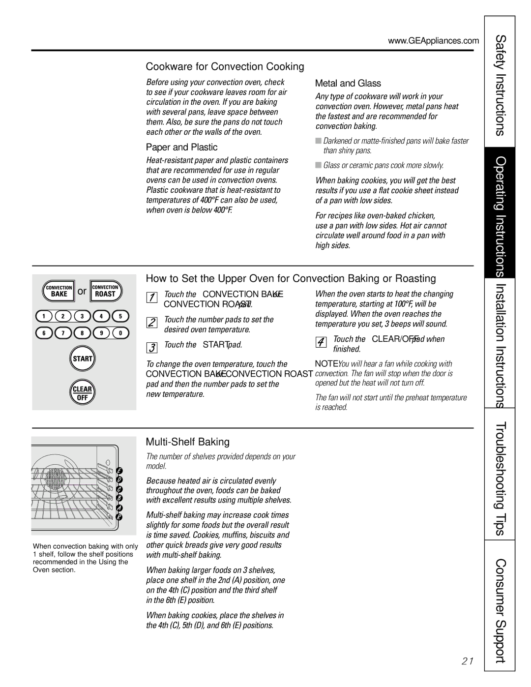 GE JGB918, JGBP88 manual Installation Instructions, Troubleshooting Tips Consumer Support, Multi-Shelf Baking 