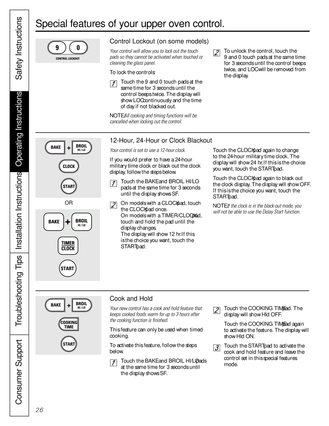 GE JGBP88, JGB918 manual Tips Installation Instructions Operating, Control Lockout on some models, Cook and Hold 